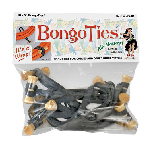BongoTies A5-01 Original Black with Wood Tip Bongo Ties - Pack of 10, 5"